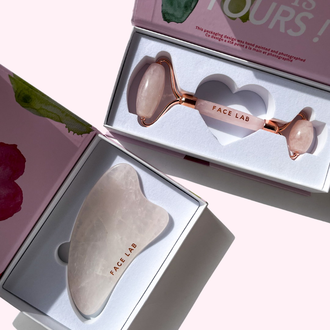 Ensemble de Rouleau & Gua Sha en Quart Rose